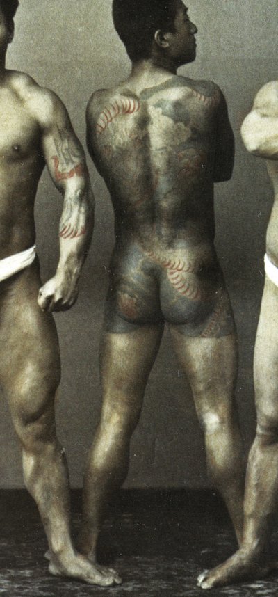 Men with Traditional Japanese Irezumi Tattoos, c.1880 (hand coloured albumen photo) by Japanese Photographer